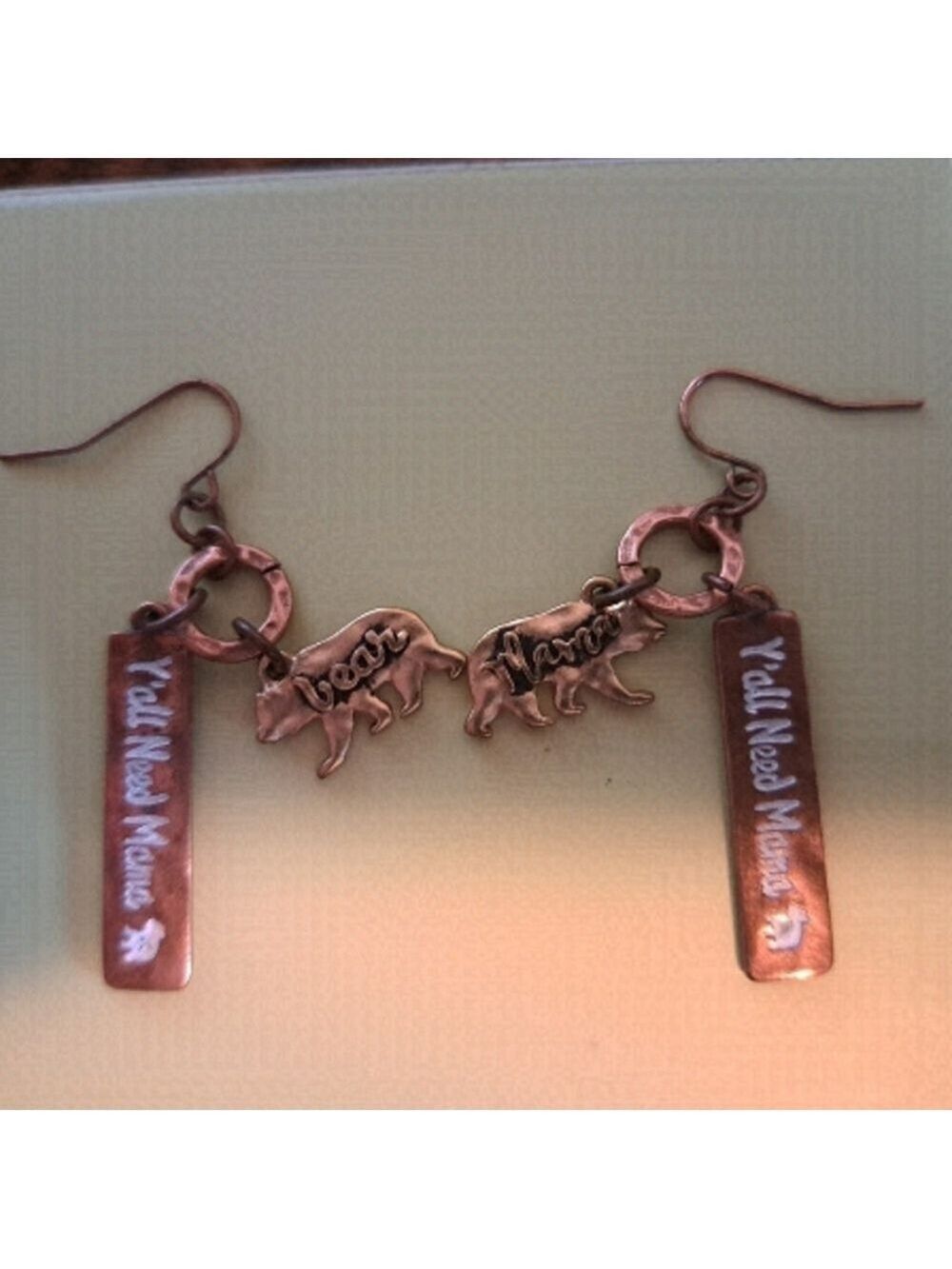 Y'ALL Need Mama Bear hammered COPPER dangle earrings Cute Mom gift pierced